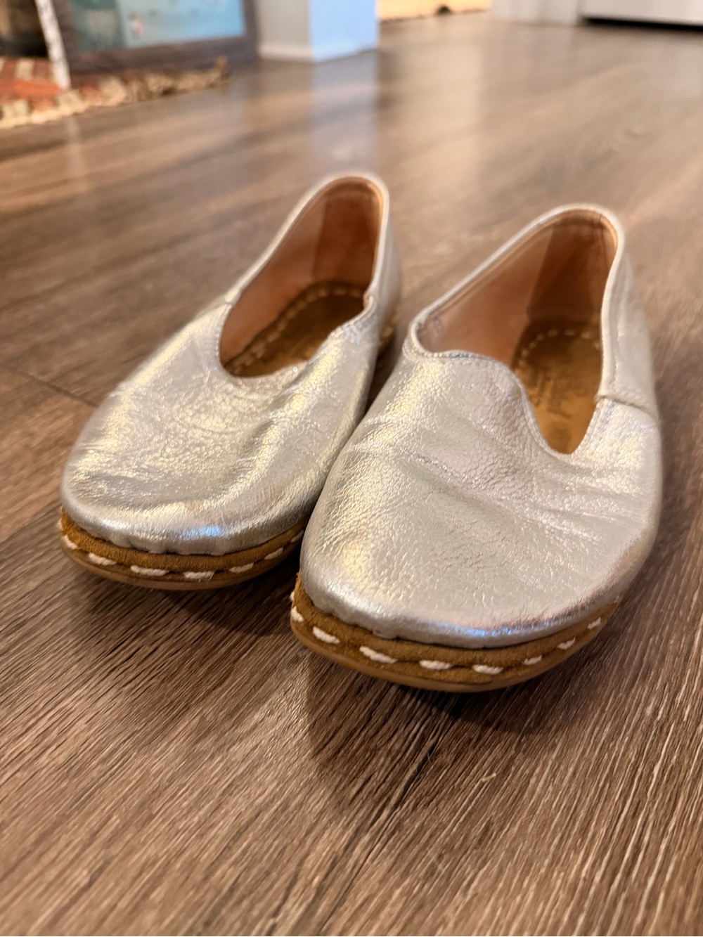 Sabah Metallic Silver Leather Slip-On Moccasins with Tan Sole